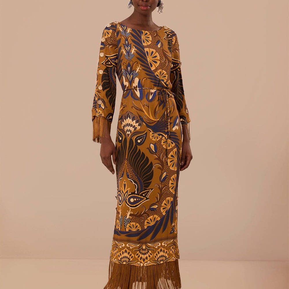 Farm Rio Gold Forest fringe midi dress - Size S NWT